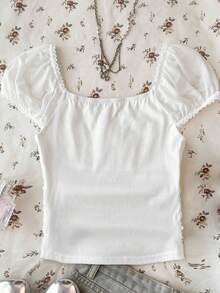 SHEIN Tween Girl 休闲法式优雅蕾丝花边褶皱短袖修身方领泡泡袖返校 T 恤，白色方领上衣 - 白色 - 查看 2