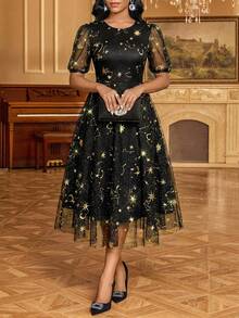 SHEIN Lady Fashionable Party Gold Foil Embroidered Black Mesh Dress - Black - View 4