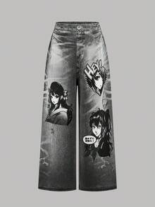 女童休闲圆领可爱卡通印花T恤和喇叭裤套装 - 彩色 - 查看 5