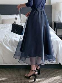 DAZY 2pcs Navy Blue Mesh Bodycon T-Shirt Set For Women - Navy Blue - View 8