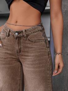 SHEIN ICON Calça jeans casual retrô com modelagem em V e cintura baixa. - Castanho - Ver 3