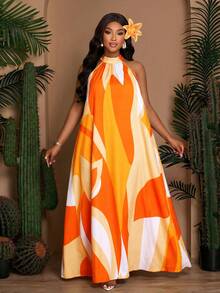 SOLERSUN Vestido holgado y casual con estampado para mujer talla grande, con cuello trasero con cordón, vestido de línea A para primavera y verano, vestido largo para vacaciones en la playa (con bolsillos laterales) - Naranja Quemada - Ver 4