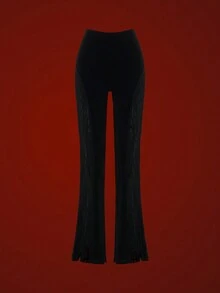 Glisette Women's Fashionable Sexy Black Velvet And Lace Patchwork Pants - Black - View 2