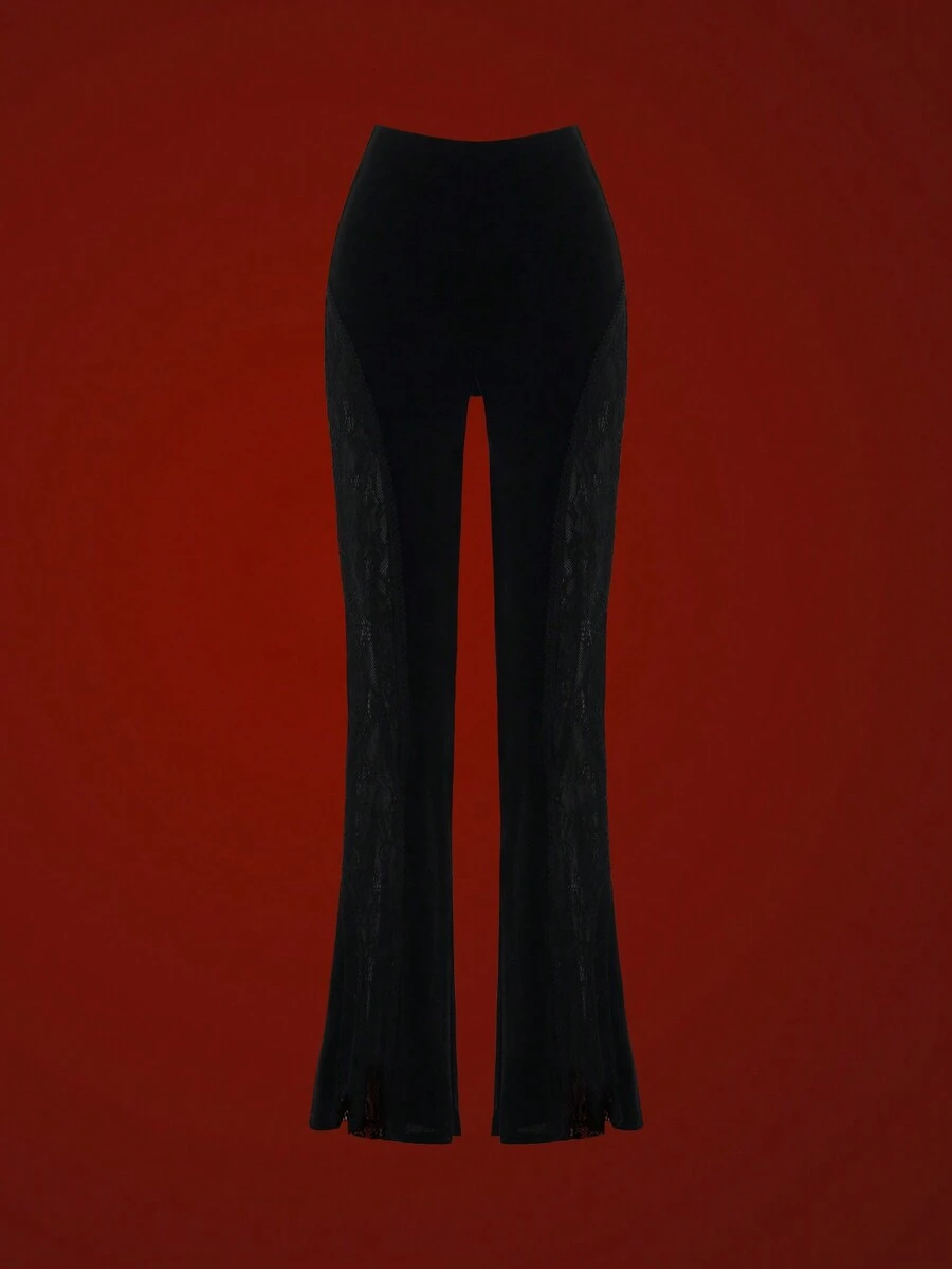Glisette 女士时尚性感黑色天鹅绒蕾丝拼接裤 - 黑色 - 查看 1