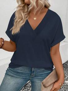 EMERY ROSE Women's Casual V-Neck Short Sleeve Curved Hem All-Match Versatile Plus Size T-Shirt - Navy Blue - View 3