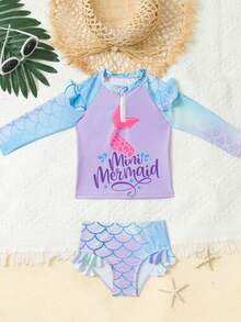 2 piezas Conjunto de traje de baño tipo tankini con estampado de sirena para niñas, lindo traje de baño para vacaciones en la playa - Morado - Ver 5