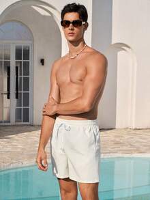 Manfinity VDAYZ Men's Simple Solid Color Drawstring Waist Beach Shorts, Summer Bathing Suits Matching For Him And Her Couple Bathing Shorts Beachwear Matching Couple Vacation - Apricot - View 6