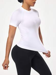 SHEIN Sports Casual Solid Color Short Sleeve Slim Fit Athletic T-Shirt - White - View 6