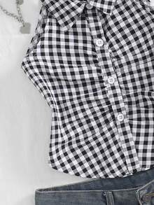 Sparklyn 女童（大号）春夏田园风法式度假甜美可爱无袖露背领纽扣红色格子短衬衫 - 黑色 - 查看 4