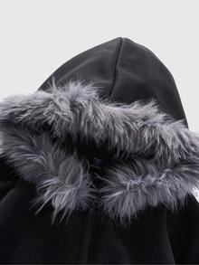 ROMWE MEN 男士休闲日常拉链抓绒连帽卫衣，秋冬款 - 黑色 - 查看 5