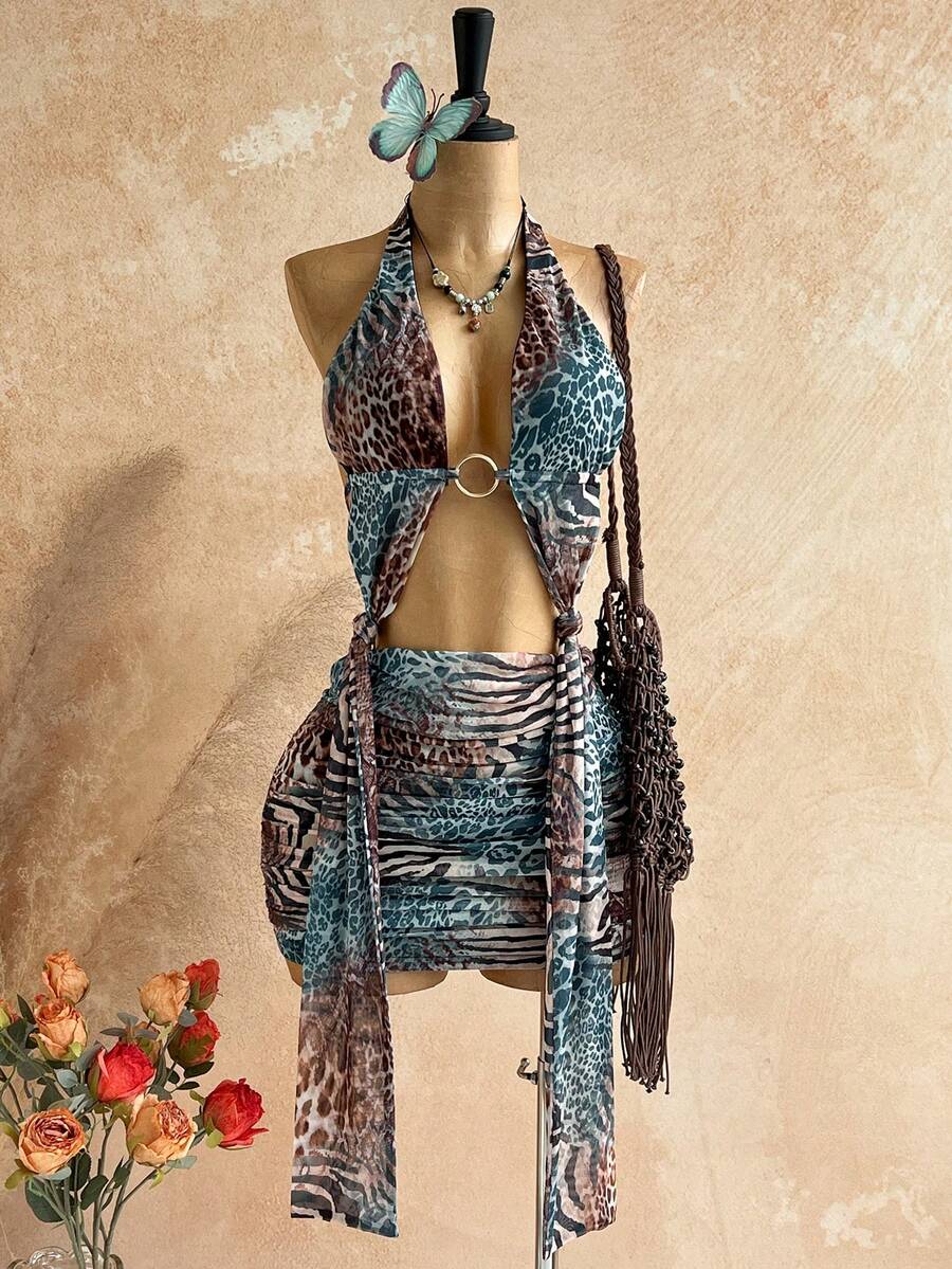 SHEIN WYWH 女士豹纹迷你连衣裙，适合度假 - 彩色 - 查看 1