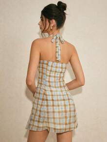 Poéselle 女士格子露背系带连衣裙 - 藍色 - 查看 3