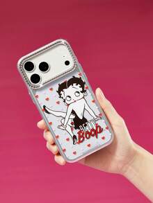 Betty Boop x SHEIN Cute Retro Be Tty Boop Transparent Glitter TPU Phone Case, Red Rose & Heart Charm Decor Shockproof Shell For IPhone - Multicolor - View 3