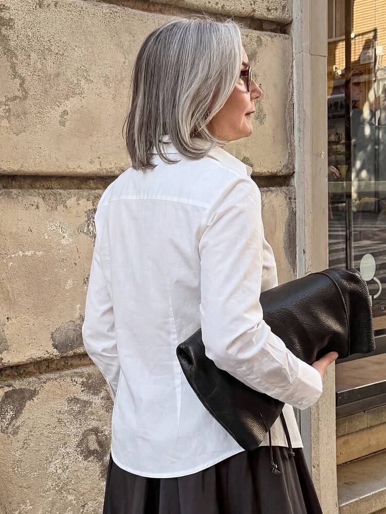 Cropped White Blouse For Women, French Style Waist Cinching Design, Slim Fit Long Sleeve Top