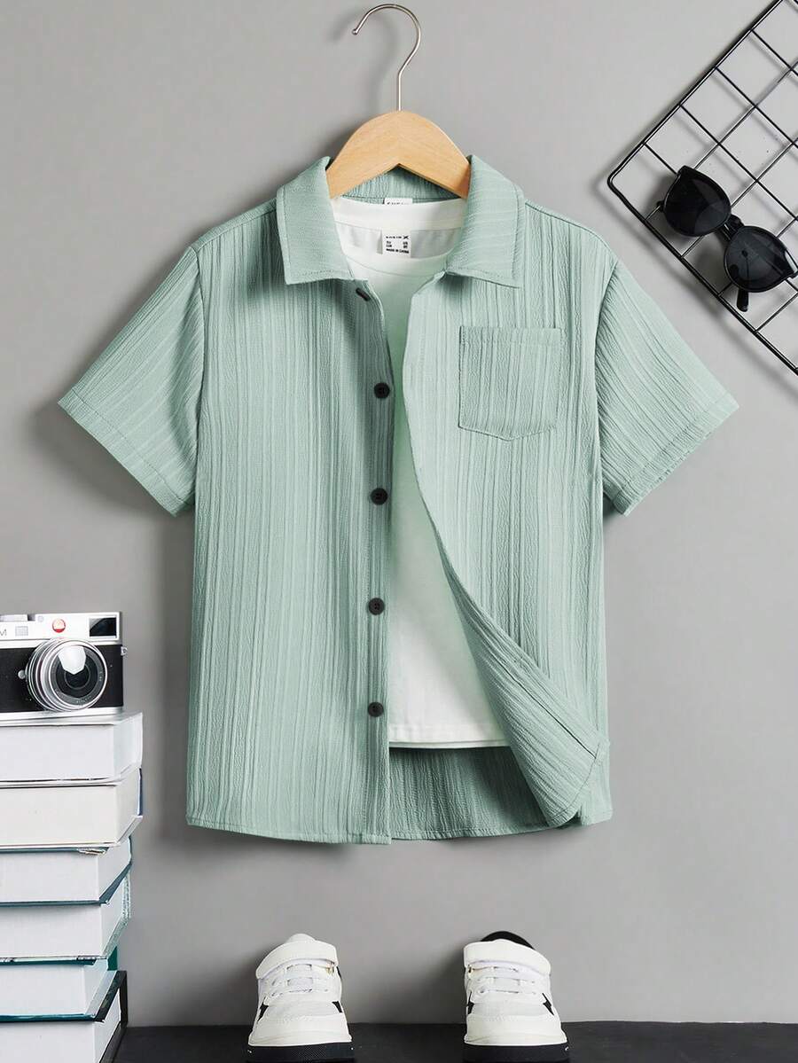 SHEIN Tween Boy Solid Color Short Sleeve Casual Front Button Placket Woven Shirt - Mint Green - View 1
