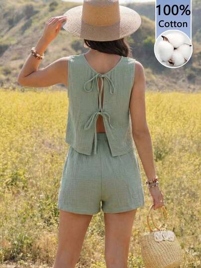 Boho Mama Maternity Summer Solid Color Textured Tank Top And Shorts 2 Pieces Set