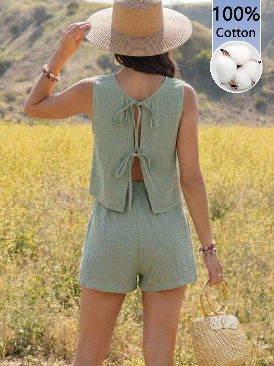 Boho Mama Maternity Summer Solid Color Textured Tank Top And Shorts 2 Pieces Set - Green - View 1
