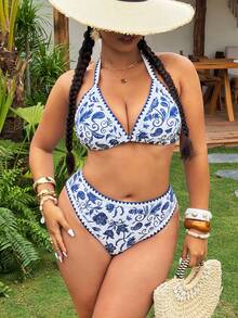 Swim Vcay Plus Size Vacation Beach Plant Print Swimwear Set - Blue - View 6