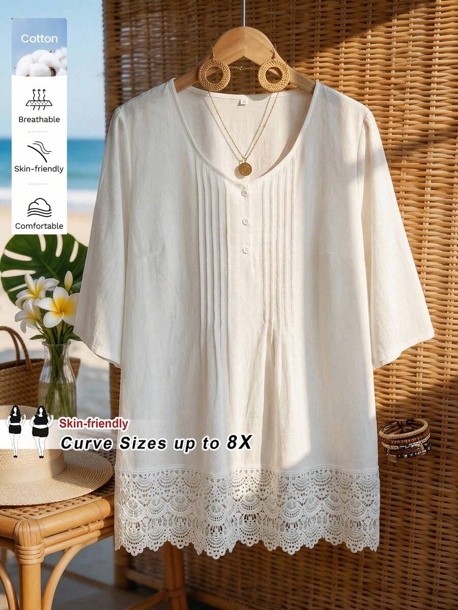 SHEIN CURVE+ Curve 尺码 US22 音乐节、海滨度假、波西米亚风女士夏季休闲/度假/工作 V 领撞色蕾丝褶皱下摆衬衫 - 白色 - 查看 1