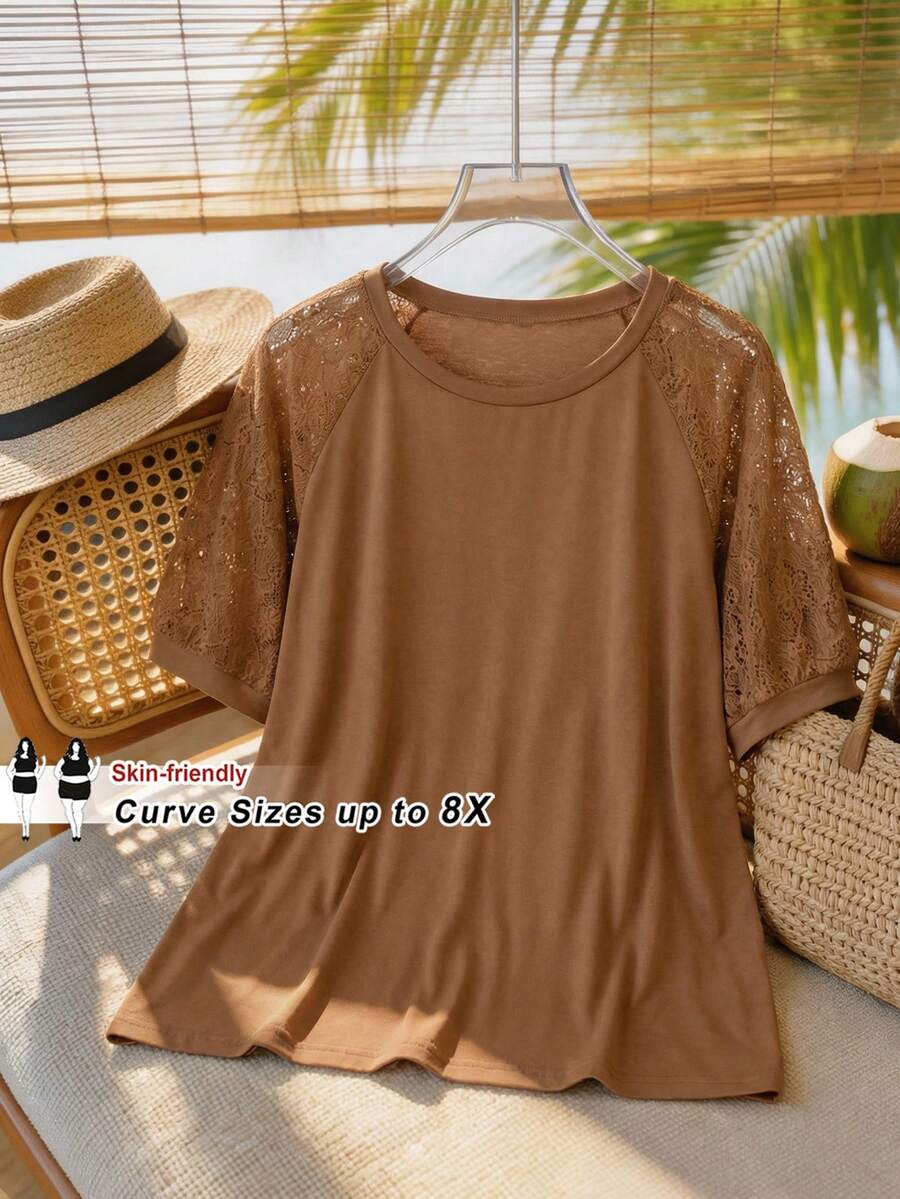 SHEIN CURVE+ Plus Size Women Top With Different Material Splicing,White T-Shirt - Khaki - View 1