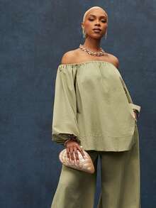 Solid Woven Elasticized Wide Waistband Extreme Wide Pants - Army Green - View 1