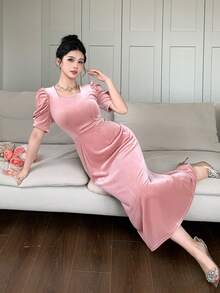 DAZY Vestido elegante de unicolor con mangas abullonadas, verano - Rosa - Ver 8
