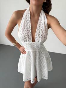 RiviMae 性感露背吊带迷你连衣裙，时尚白色蕾丝露背沙滩度假连衣裙 - 白色 - 查看 5
