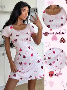 Women's Casual Heart Print Short Sleeve Nightgown, Summer - Pink - View 1