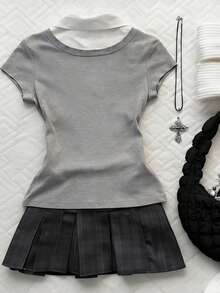 Glimmora 女士休闲撞色短袖二合一 Polo 衫，夏季 - 灰色 - 查看 2