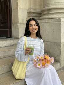 Solavon 女士休闲宽松条纹长袖T恤 - 淺藍色 - 查看 1