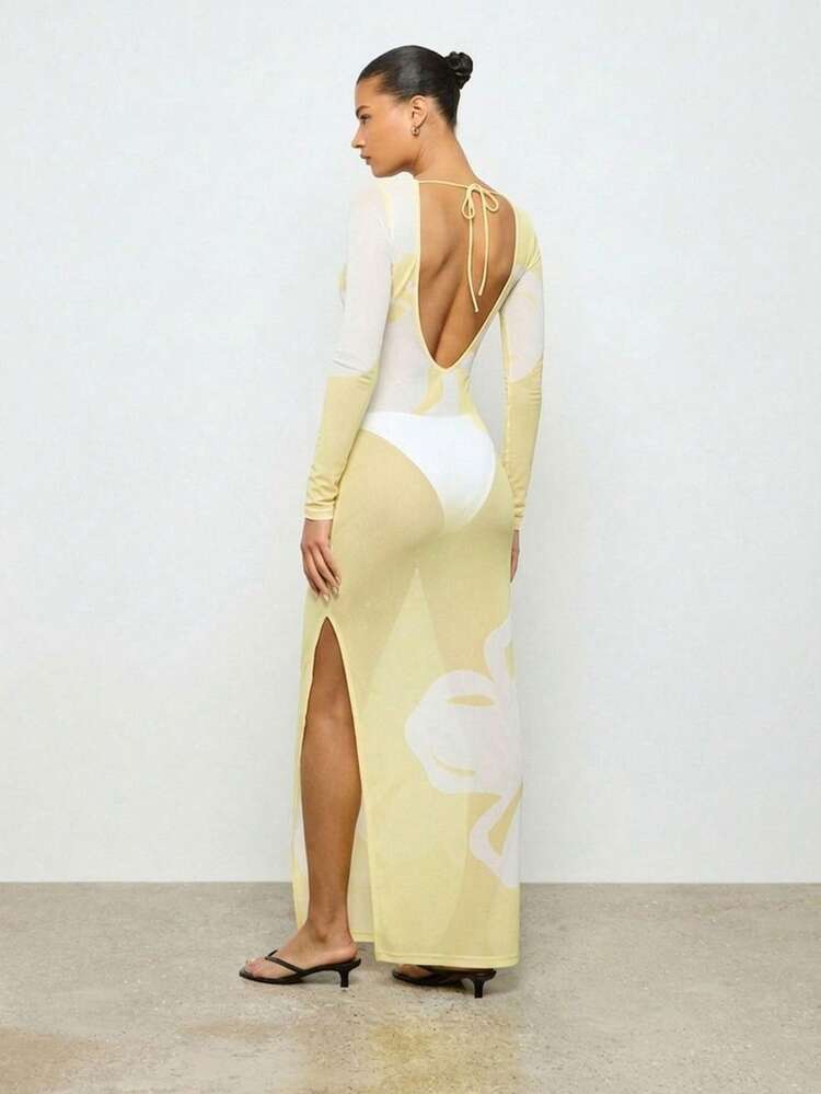 Long Sleeve Mesh Maxi Dress With Open Back