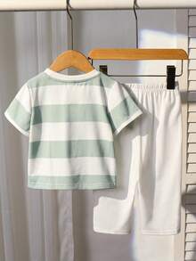 2pcs Baby Boy/Girl Cute Striped Short Sleeve T-Shirt And Elastic Waist Pants Set, Spring/Summer - Multicolor - View 2