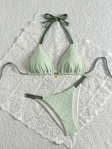Swim Mod 女士夏季沙滩拼接露背系带性感比基尼和三角泳裤套装 - 彩色 - 查看 3