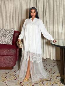 Maweii Plus Size Women Casual Vacation Daily Cardigan With Button, Ruffle Hem & Mesh Splice, Loose & Comfortable A-Line Dress - White - View 5