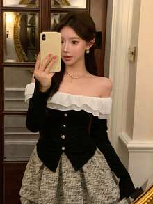 DAZY 春夏两用荷叶边撞色T恤，优雅百搭，适合情人节、婚礼、派对、时尚活动，修身露肩黑色长袖T恤 - 黑色 - 查看 7