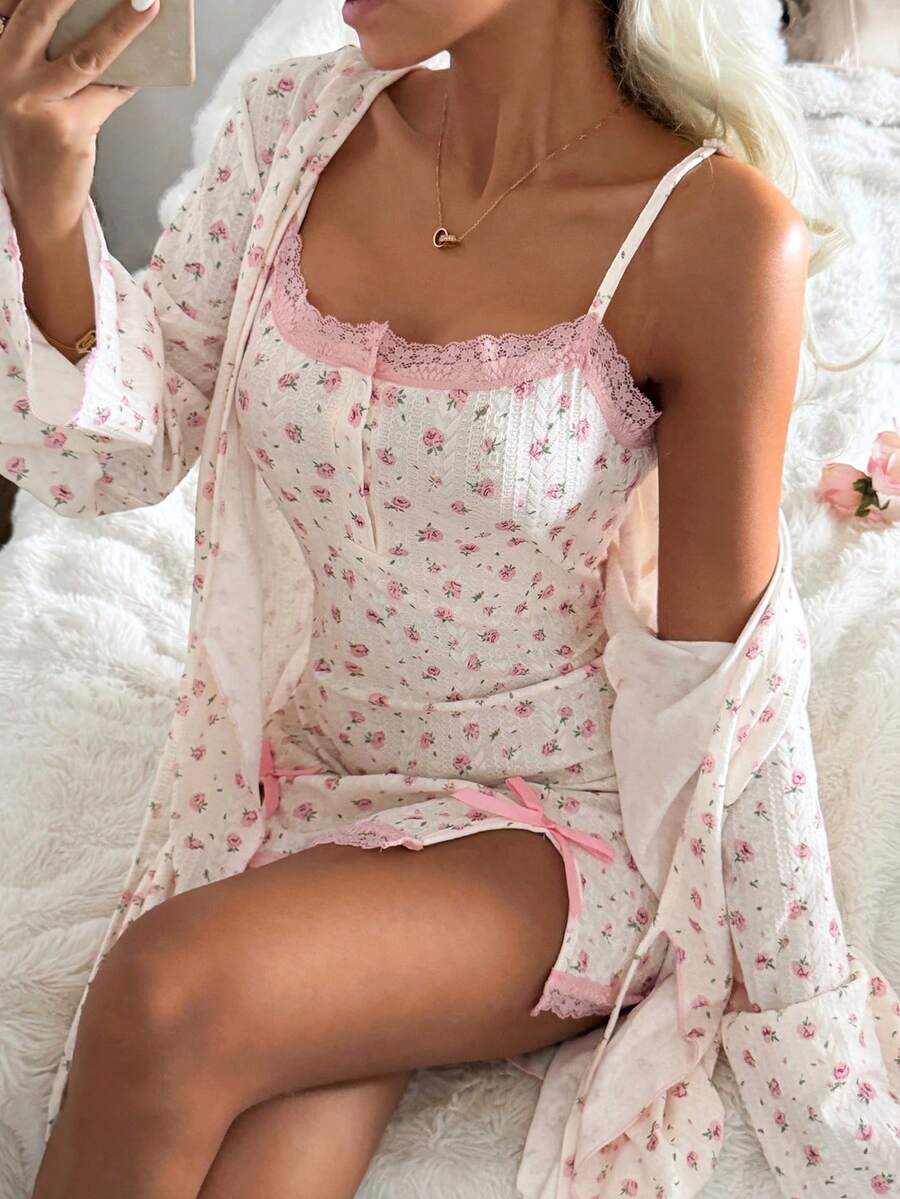 CottageSlumber 2pcs Women's Romantic Ditsy Floral Long Sleeve Robe And Camisole Lace Trim Bowknot Pajama Set - Multicolor - View 1