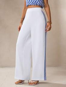 NOVVYNE 女士优雅条纹拼接直筒阔腿裤 - 白色 - 查看 3