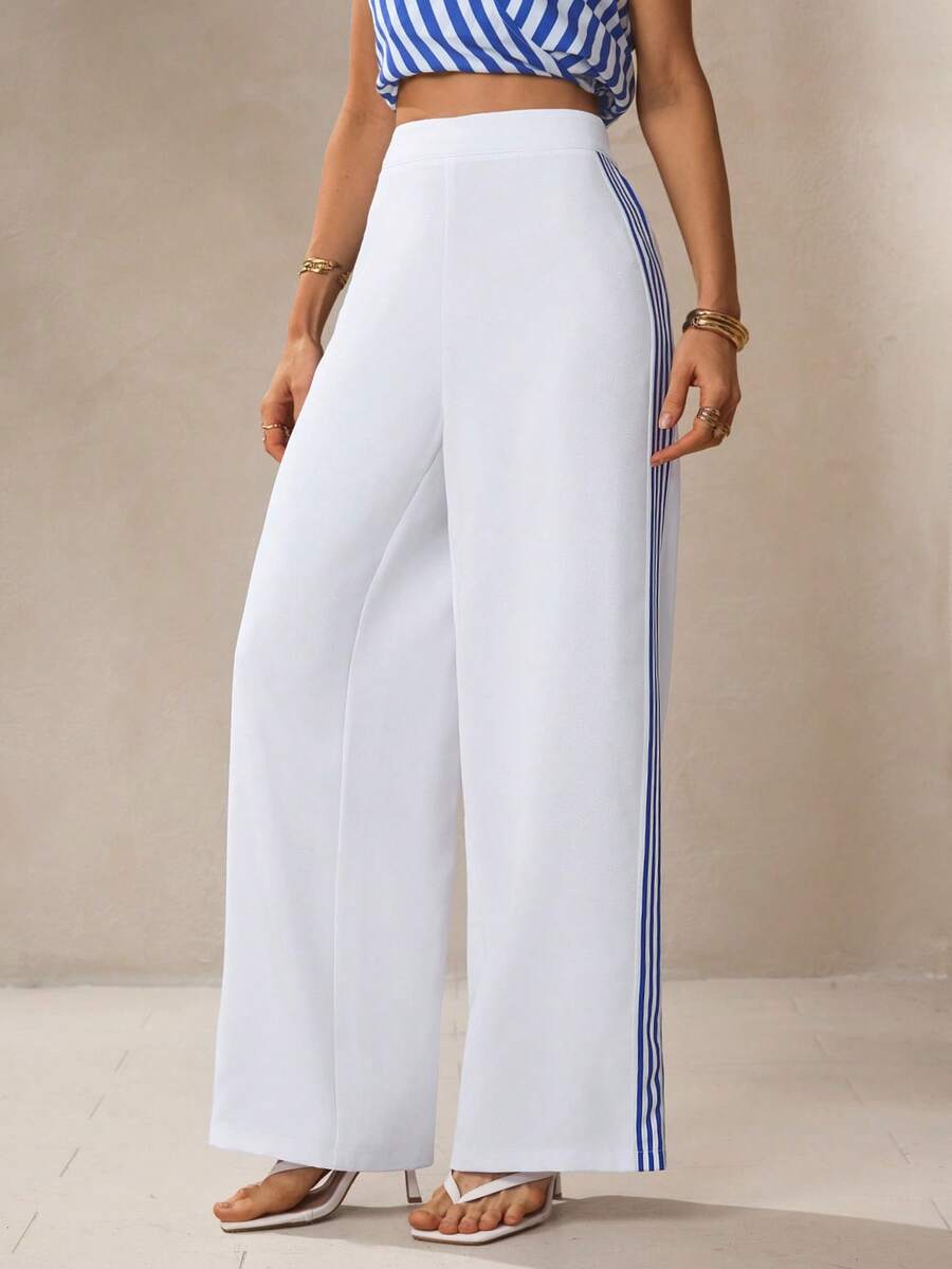 NOVVYNE 女士优雅条纹拼接直筒阔腿裤 - 白色 - 查看 1
