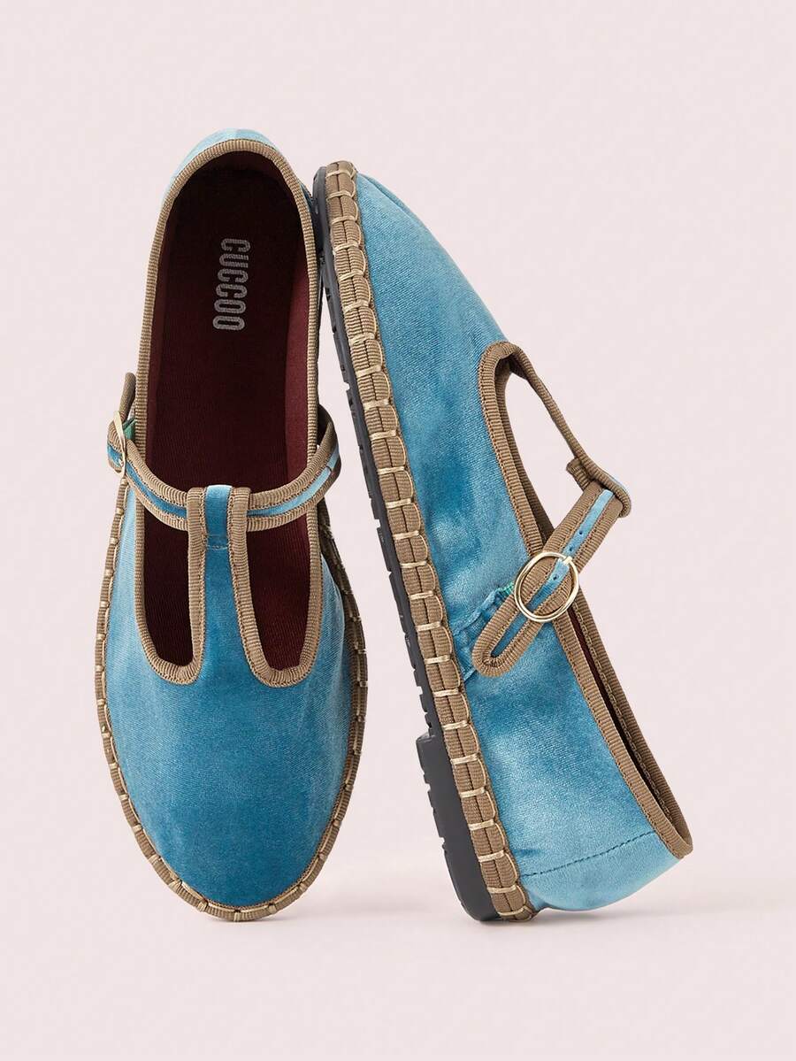 CUCCOO DOLLMOD Zapatos planos de mujer de estilo Mary Jane con correa en T, de terciopelo azul marino, elegantes y cómodos - Agua congelada - Ver 1