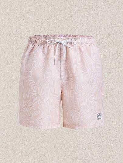 Manfinity Swimmode 男士泳裤，抽绳腰带，安全口袋，轻便四向弹力，字母贴片，适合健身房、街头、海滩度假穿着。卡其色面料，无弹力，带衬里，适合夏季热带假期，例如夏威夷。