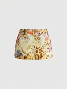ROMWE Vacation Hippie Retro Floral, Leopard, Fruit Print Low Waist Bodycon Denim Mini Skirt - Multicolor - View 2