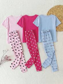 6pcs Girls Toddler Snug Fit Pajama Set, Round Neck Short Sleeve Top Paired With Pants, Heart & Star Print, Soft Stretchy Knit Fabric, Pink & Light Blue - Multicolor - View 2