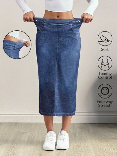 Flexra Women's Elastic Waist Pocket Slit Drawstring Denim Casual Skirt