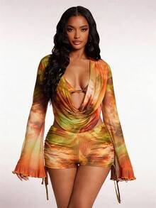 Radiana 女士夏季性感透视网纱大理石纹扎染花卉印花休闲度假套装：露背长袖罩衫+吊带文胸上衣+抽绳短裤三件套，海岛度假沙滩装，比基尼罩衫 - 橘色 - 查看 5