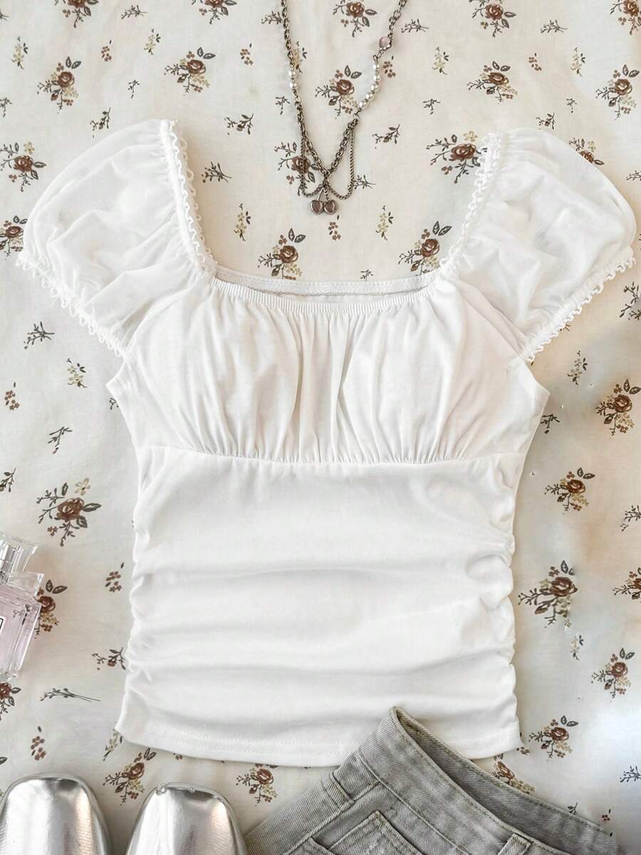 SHEIN Tween Girl 休闲法式优雅蕾丝花边褶皱短袖修身方领泡泡袖返校 T 恤,白色方领上衣 - 白色 - 查看 1