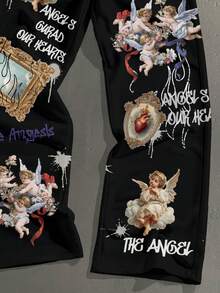 StoneGrade 文艺复兴天使火焰印花宽松直筒牛仔裤，时尚休闲男士裤装，适合约会、派对以及送给男友的礼物 - 黑色 - 查看 4