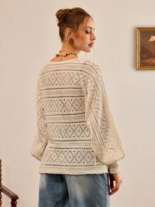CasuGlow Spring Chic Lightweight Hollow-Out Knit Cardigan With V-Neck Tie Front, Slouchy Sleeves And Soft Breathable Texture For Effortless Feminine Layering - White - View 3