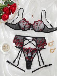 SHEIN 5 件套女士性感内衣套装，简约时尚日常休闲外出 - 黑色 - 查看 3