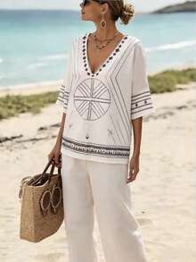 SHEIN Holidaya Áo kiểu Pháp dệt kim, phong cách nghỉ dưỡng, cổ chữ V, in họa tiết, dáng rộng, thích hợp đi biển, áo nữ mới. - Màu be - Xem 4