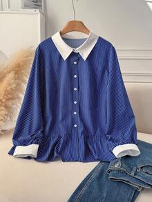 SHEIN CURVE+ Plus Size Women Plus Size Blue Striped Plus Size Blue Shirt Versatile Daily Shirt/2026 /New Year - Blue and White - View 7